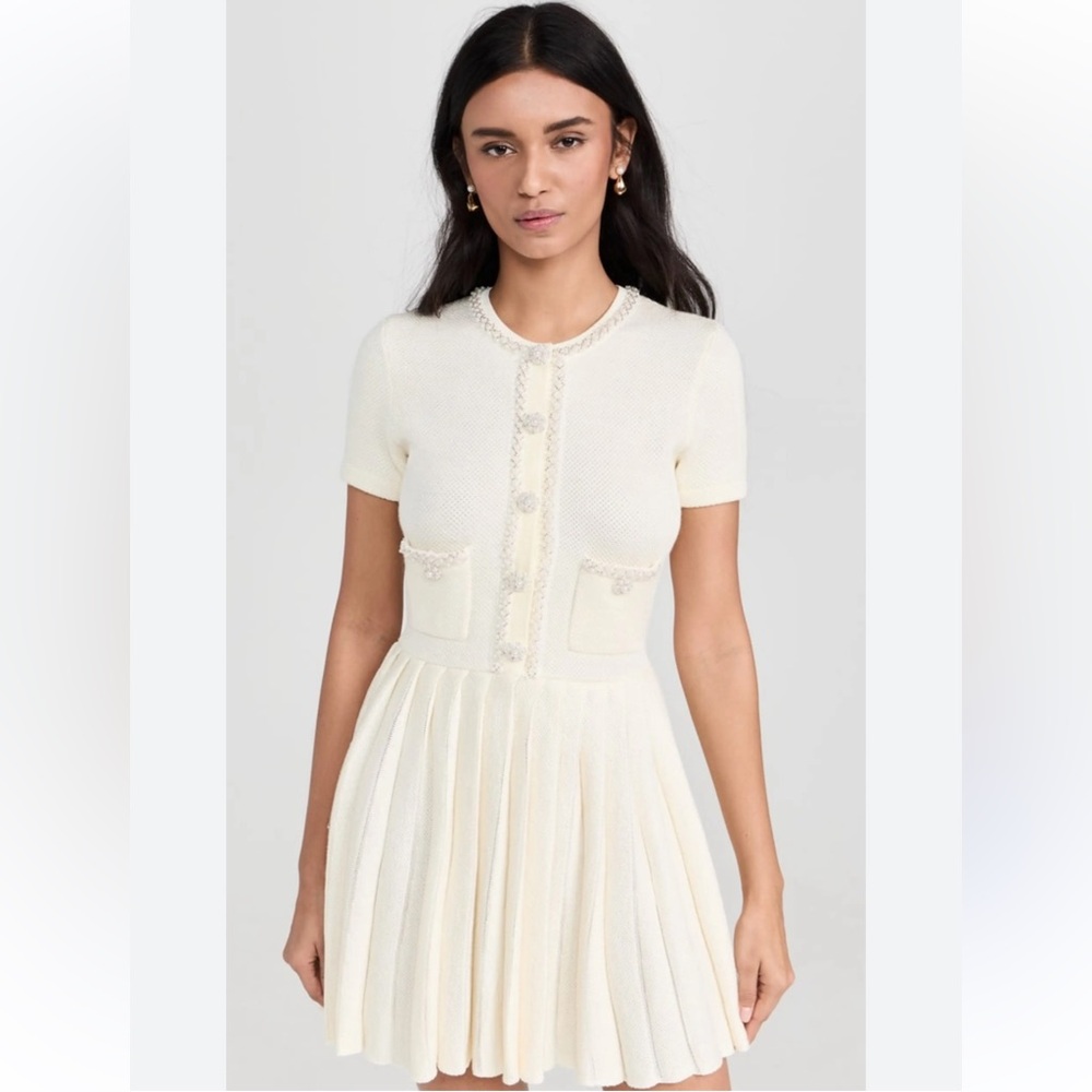 Self-Portrait Knit Cream Mini Dress w/ Embellishments